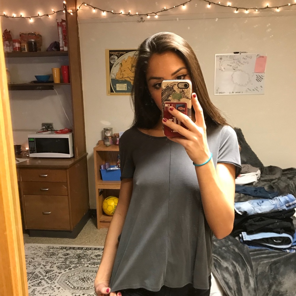 Grey, suede feeling criss cross blouse